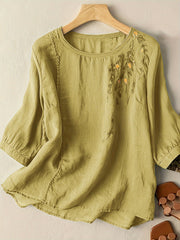 Floral Embroidered Pullover Blouse, Casual Crew Neck Half Sleeve Blouse, Women's Clothing