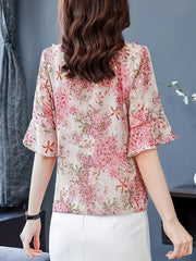 Floral Print Tie Neck Blouse, Elegant Flare Sleeve Blouse For Spring & Fall, Women's Clothing