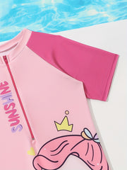 Raglan Sleeve Cute Cartoon 1-Piece Jumpsuit Swimwear For Girls, Holiday Seaside Pool Swimming Suits Beachwear