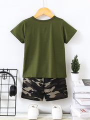 2pcs Boys Casual Camouflage Stitching Short Sleeve T-shirt & Shorts Set, Comfy Summer Boys Clothes