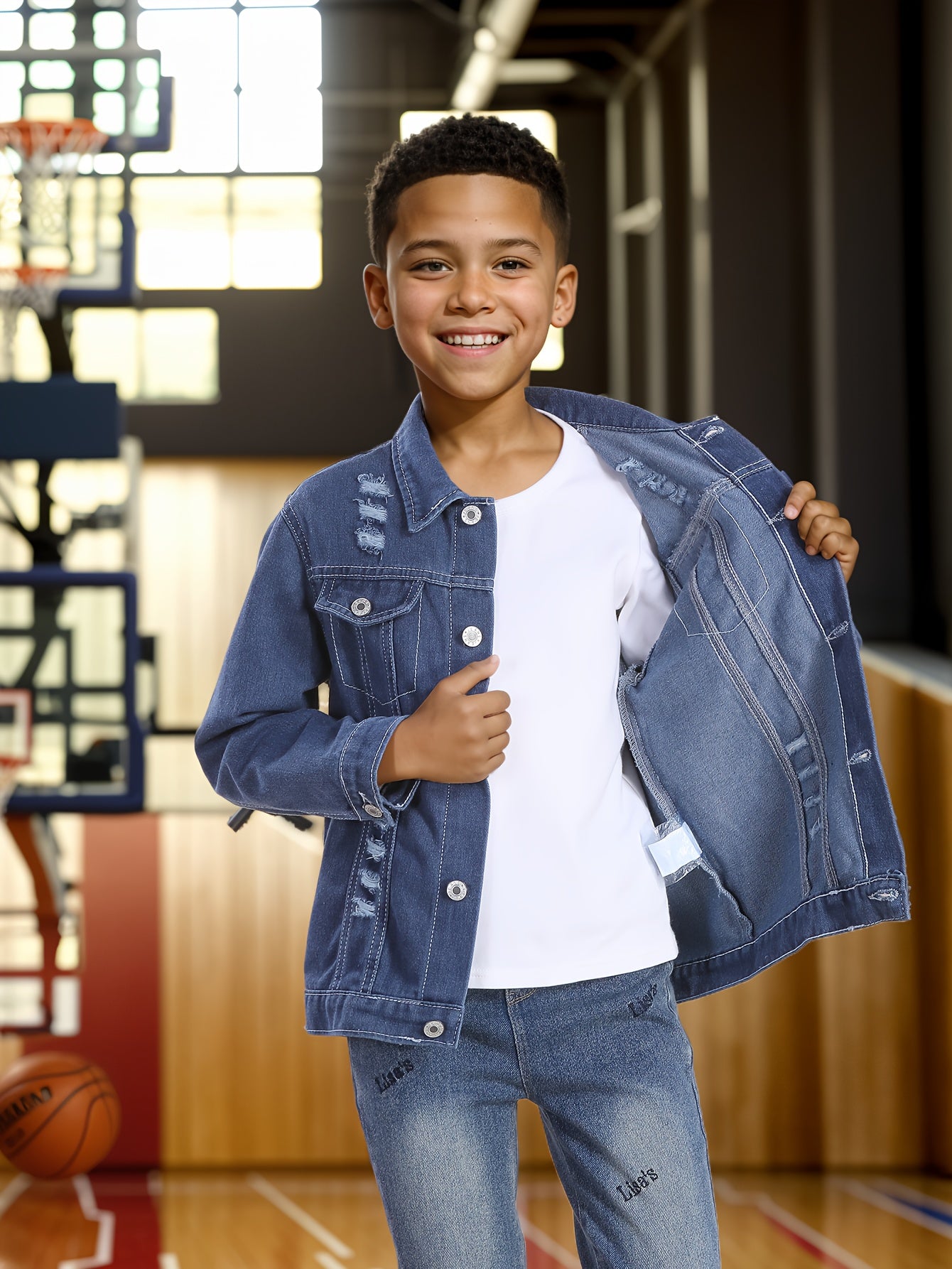 Boys Casual Long Sleeve Ripped Denim Jacket With Pockets, Button Up Lapel Long Sleeve Jacket, Boys Clothes Outdoor