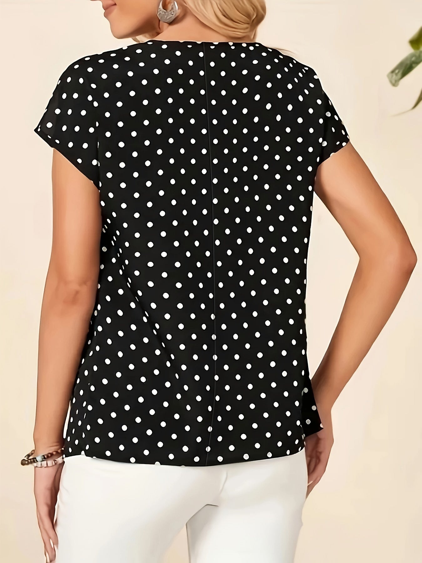 Polka-dot Pattern Mesh Splicing Blouse, Vintage V-neck Short Sleeve Loose Blouse For Spring & Fall, Women's Clothing