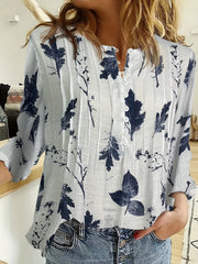 Plant Print Button Notch Neck Blouse, Casual Three-quarter Sleeve Blouse For Spring & Fall, Women's Clothing