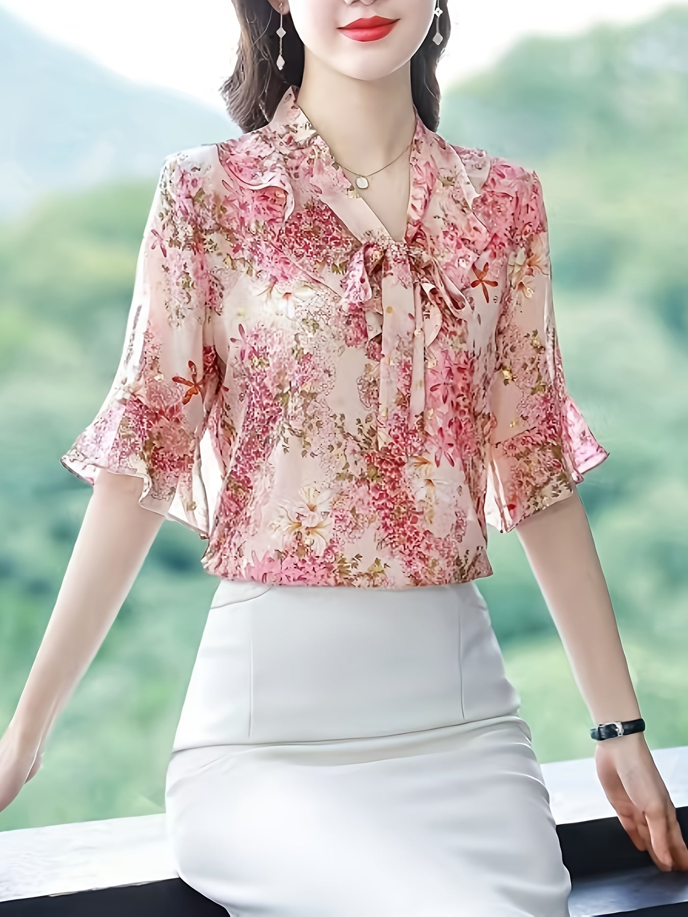 Floral Print Tie Neck Blouse, Elegant Flare Sleeve Blouse For Spring & Fall, Women's Clothing