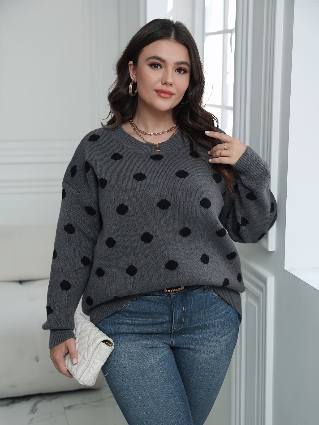 Plus Size Casual Sweater, Women's Plus Dot Print Long Sleeve Round Neck Medium Stretch Jumper