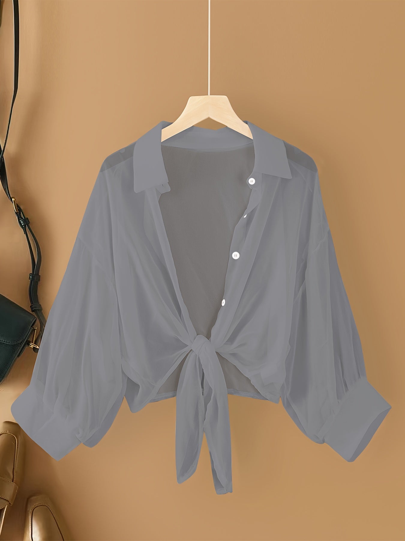 Solid Single Button Chiffon Blouse, Versatile Drop Shoulder Blouse For Spring & Fall, Women's Clothing