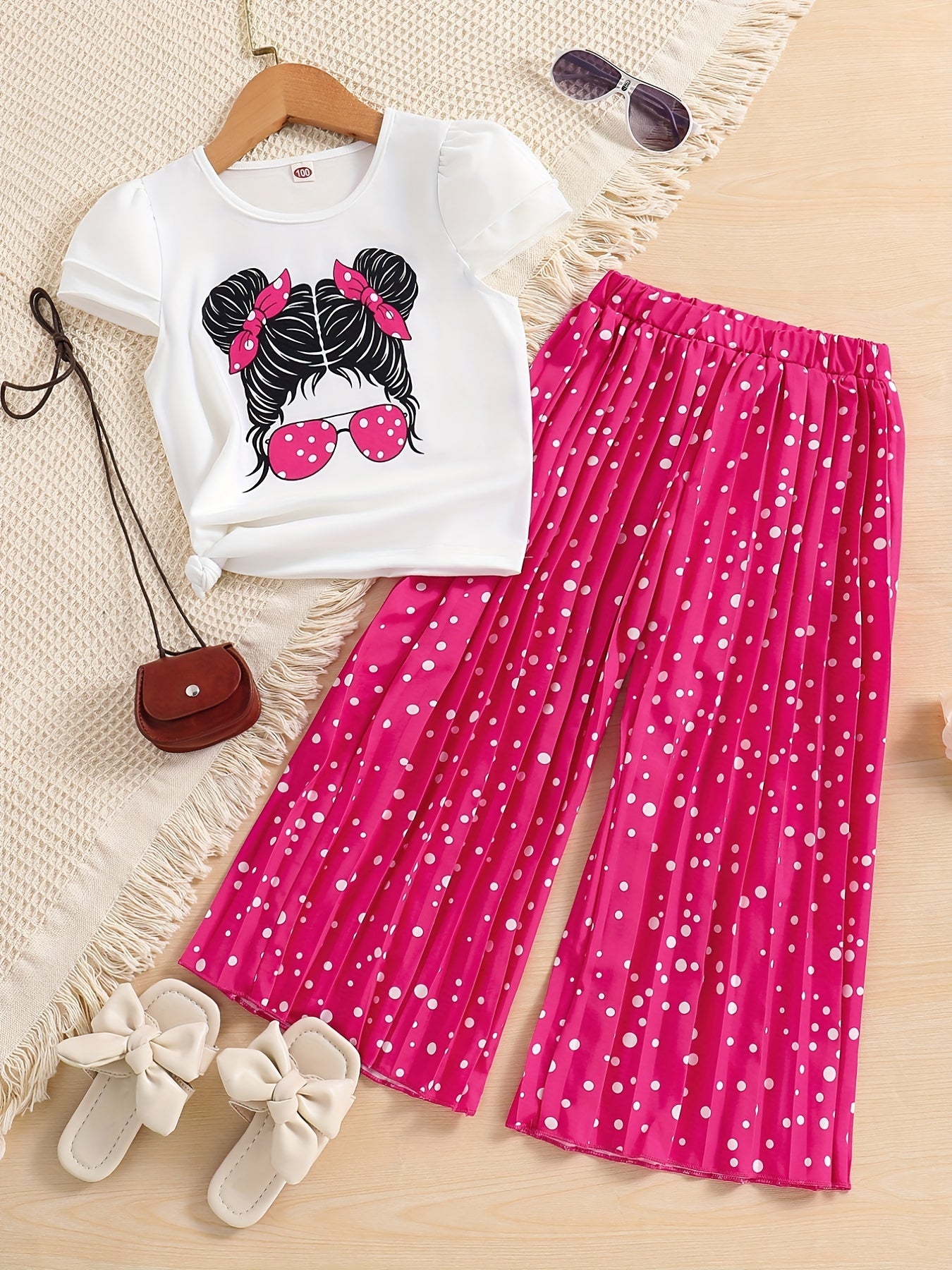 Chic Girls' Two-Piece Set - Comfy Short Sleeve Cartoon Portrait Tee & Pleated Polka Dot Pants - Ideal for Playful Summer Days