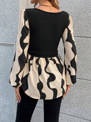 Abstract Print 2 In 1 Blouse, Elegant Scoop Neck Long Sleeve Flare Top For Spring & Fall, Women's Clothing