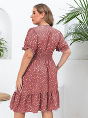 Plus Size Polka Dot Charm - Flattering Shirred Waist Dress with Ruffle Hem - Short Sleeve Surplice Neck for Spring & Summer Elegance - Womens Plus Size Fashion