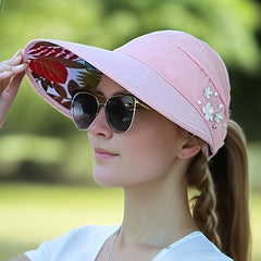 Chic Foldable Beaded Flower Sun Hat - Stylish Knitted Women's UV Protection Visors, Durable And Comfortable Outdoor Wear