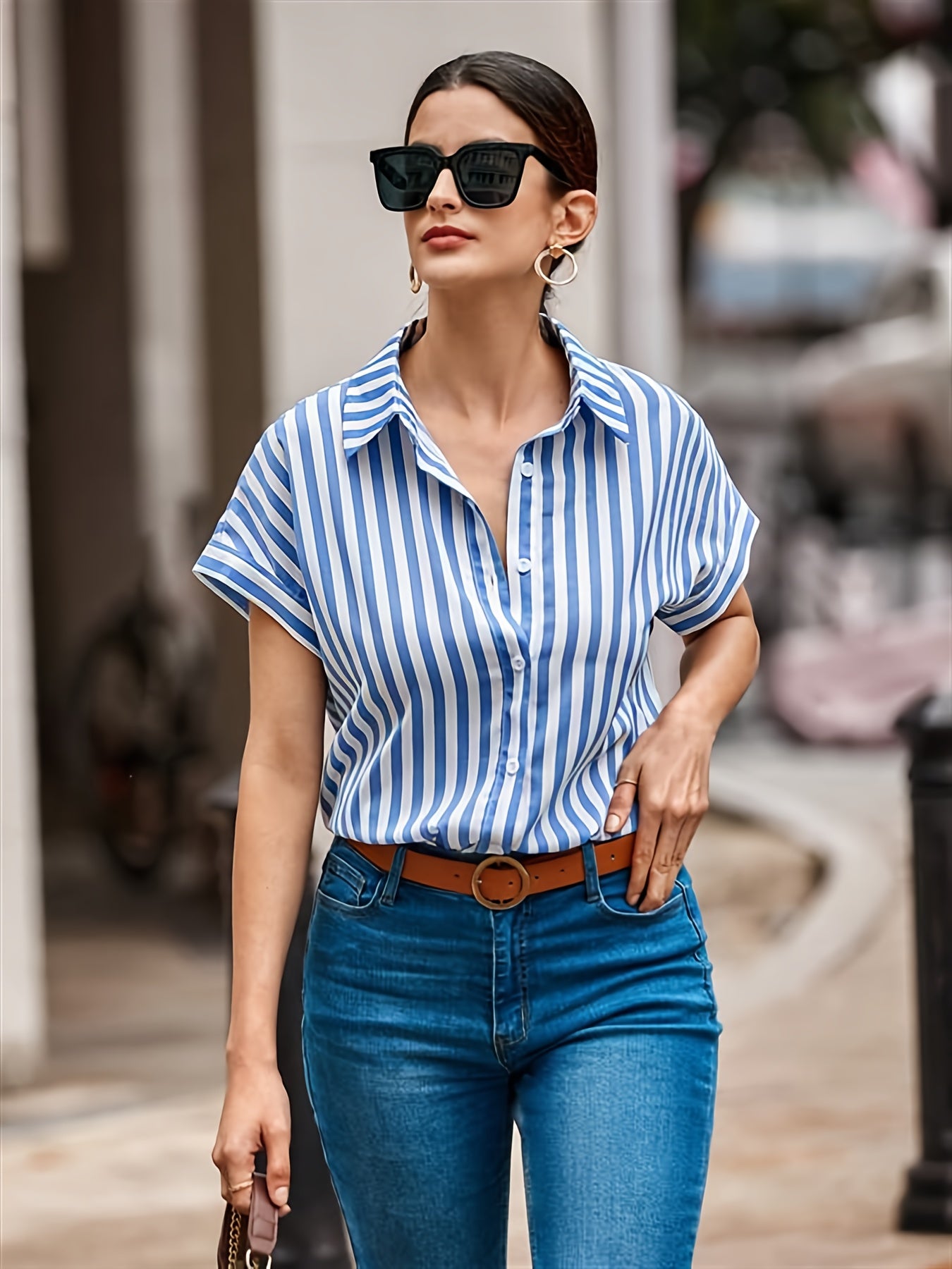 Striped Print Button Front Shirt, Casual Short Sleeve Shirt For Spring & Summer, Women's Clothing