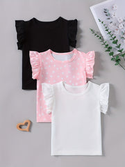 3pcs Girls Adorable Heart Graphic Solid Color Ruffle Trim T-shirt Set - Perfect for Summer Parties & Valentines Day Gifts