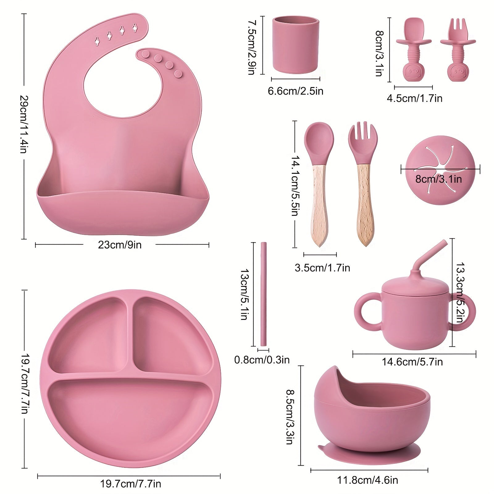 11-Piece Silicone Feeding Tableware Set - Durable, Soft, BPA-Free, 3-Compartment Plate, Wooden Utensils, Anti-Fall Cup - Perfect Gift for Christmas, Halloween, Thanksgiving Day, and New Years