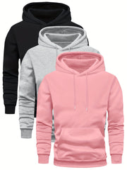 Men's 3-pack Set Of Solid Hooded Long Sleeve Fleece Sweatshirts With Kangaroo Pocket, Spring And Fall Trendy Hoodies For Daily Outings