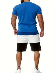 Men's Summer Trendy Casual 2Pcs Set, Colorblock T-shirt & Shorts Set