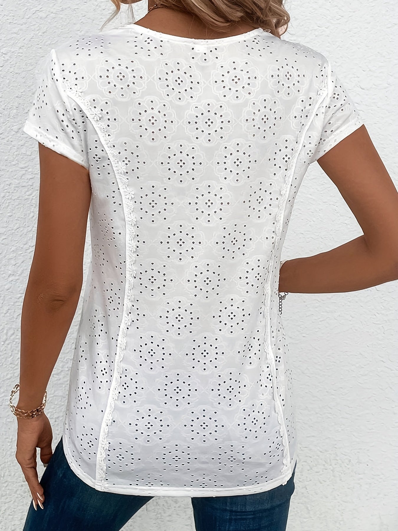 Eyelet Contrast Lace Blouse, Casual Short Sleeve Solid Blouse, Women's Clothing