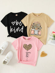 3pcs, Girls Casual BE KIND & Cameral & Heart Graphic Short Sleeve T-shirt Set For Summer Gift Outdoor