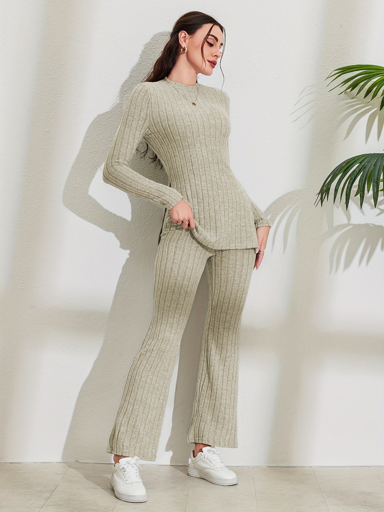 Ribbed Matching Two-piece Set, Casual Long Sleeve T-shirt & Pants Outfits, Women's Clothing