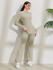 Ribbed Matching Two-piece Set, Casual Long Sleeve T-shirt & Pants Outfits, Women's Clothing