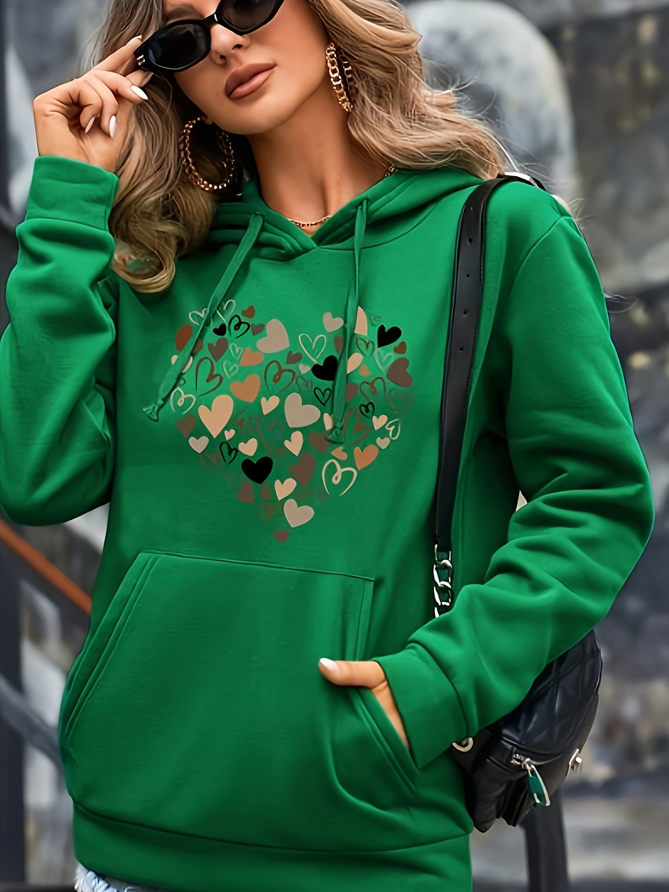 Heart Print Kangaroo Pocket Hoodie, Casual Long Sleeve Drawstring Hoodie Sweatshirt, Women's Clothing