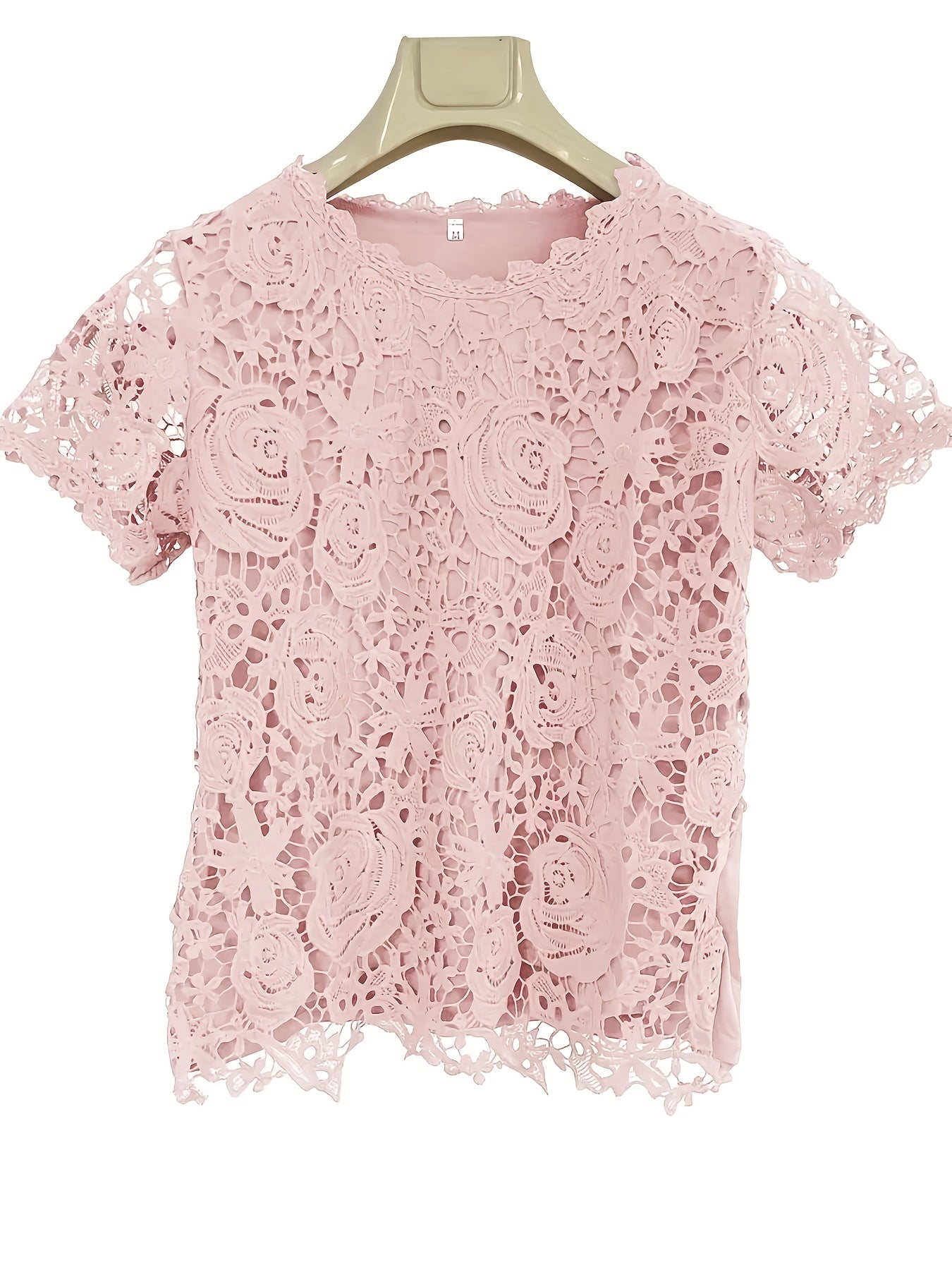 Solid Lace Short Sleeve Top, Versatile Blouse For Spring & Summer, Women's Clothing