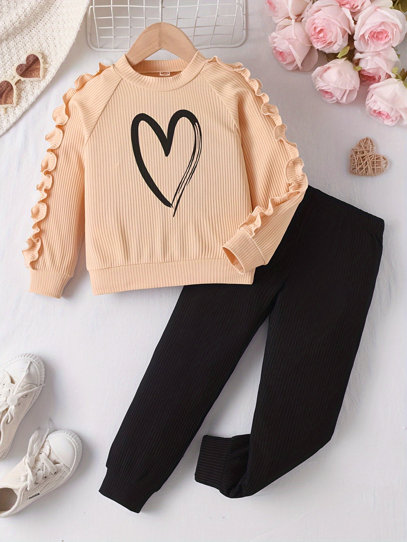 Girls 2Pcs, Chic Frilled Long Sleeve Heart Graphic Pullover Top + Pants Casual Set, Cute Girls Spring Fall Clothes