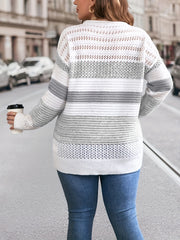 Plus Size Stripe Pattern Cutout Knit Sweater - Soft, Cozy, and Stylish with Vibrant Horizontal Stripes, Flattering Cutout Design, and Classic Crew Neck - Perfect for Plus Size Women, Fall and Winter Wear