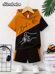 2pcs Boys Casual DAD + ME Letter Graphic Print Short Sleeve Hooded T-shirt & Shorts Set, Comfy Summer Boys Clothes