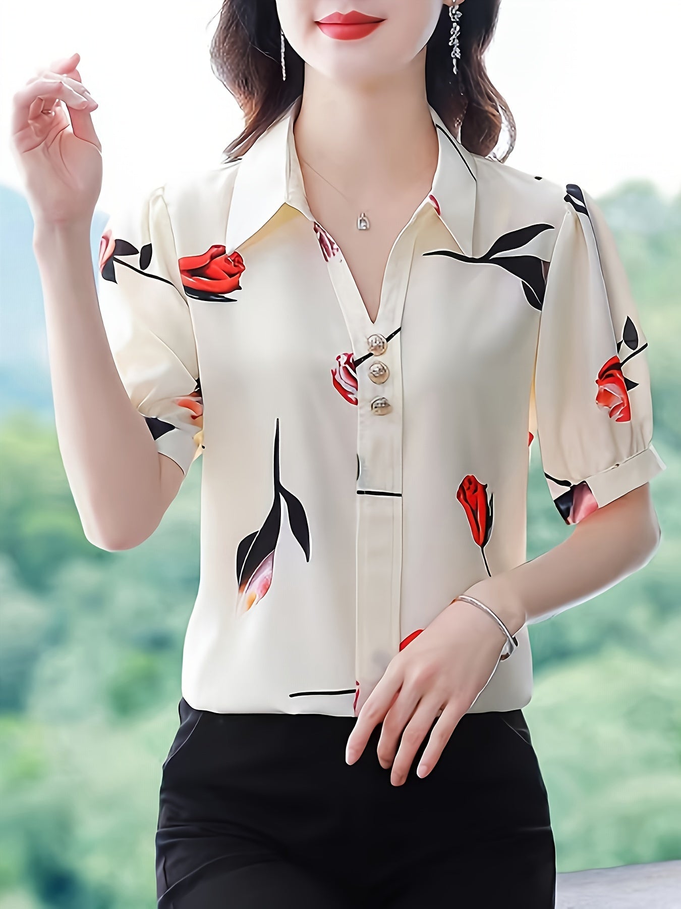 Floral Print Button Decor Shirt, Elegant Short Sleeve Collared Top For Spring & Summer, Women's Clothing