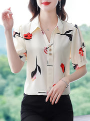 Floral Print Button Decor Shirt, Elegant Short Sleeve Collared Top For Spring & Summer, Women's Clothing