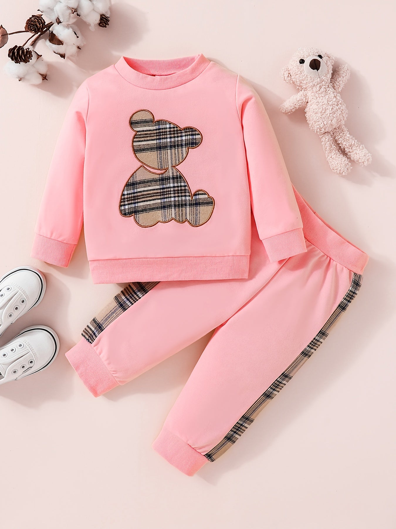 Adorable 2pcs Outfit For Toddler Girls & Boys - Bear Embroidery Sweatshirt & Splicing Pants!