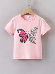 Butterfly Wing With Flowers Graphic Print Tee, Girls' Casual & Comfy Short Sleeve Crew Neck T-shirt For Spring & Summer, Girls' Clothes