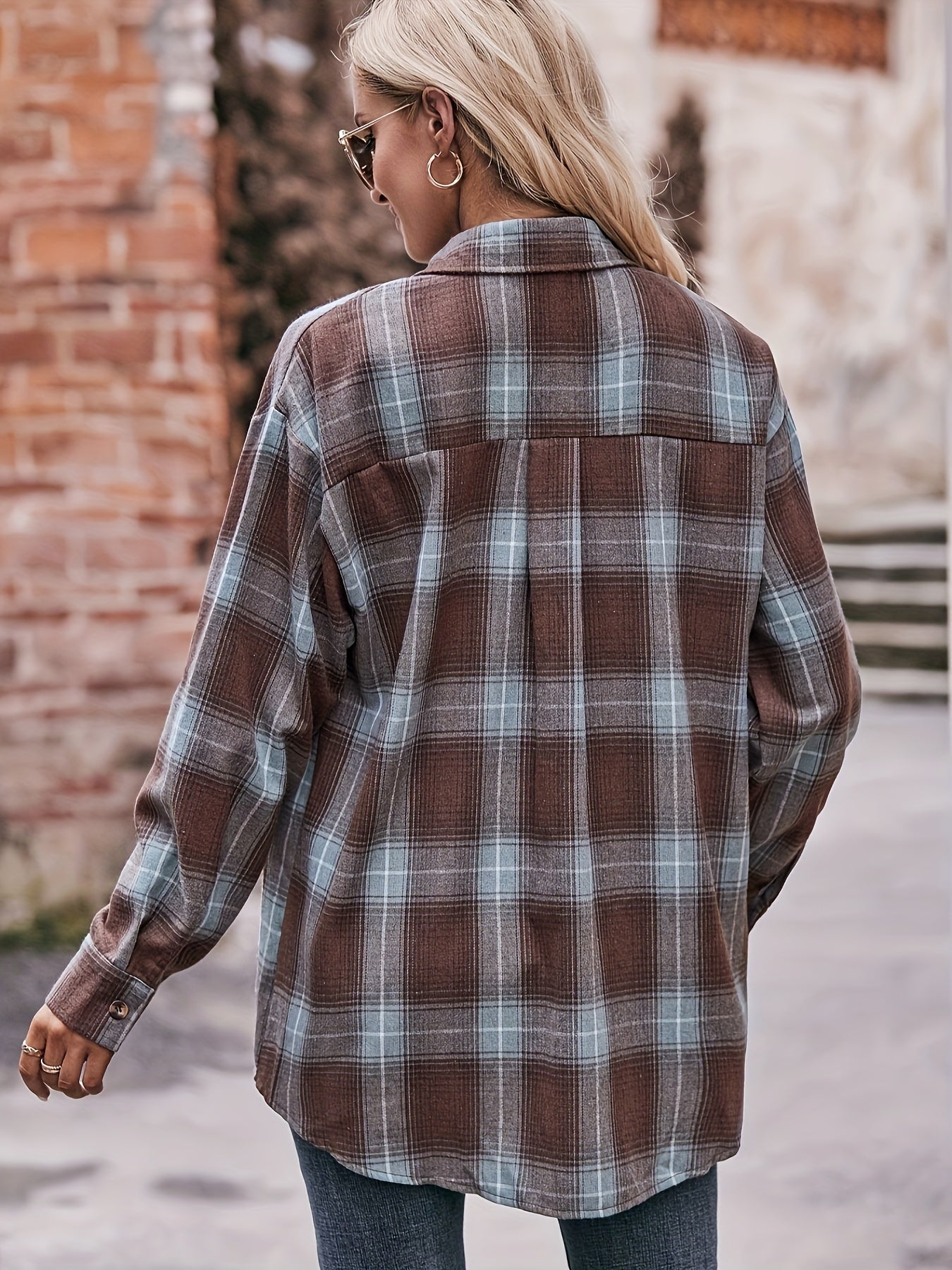 Plaid Button Front Shirt, Elegant Long Sleeve Lapel Shirt, Women's Clothing