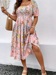 Plus Size Floral Print Cinched Waist Dress, Elegant Square Neck Pleated Swing Dress For Spring & Summer, Women's Plus Size Clothing