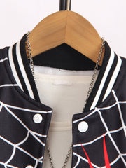 Boys Cool Spider Web Print Long Sleeve Color Block Drop Shoulder Varsity Baseball Jacket Coat