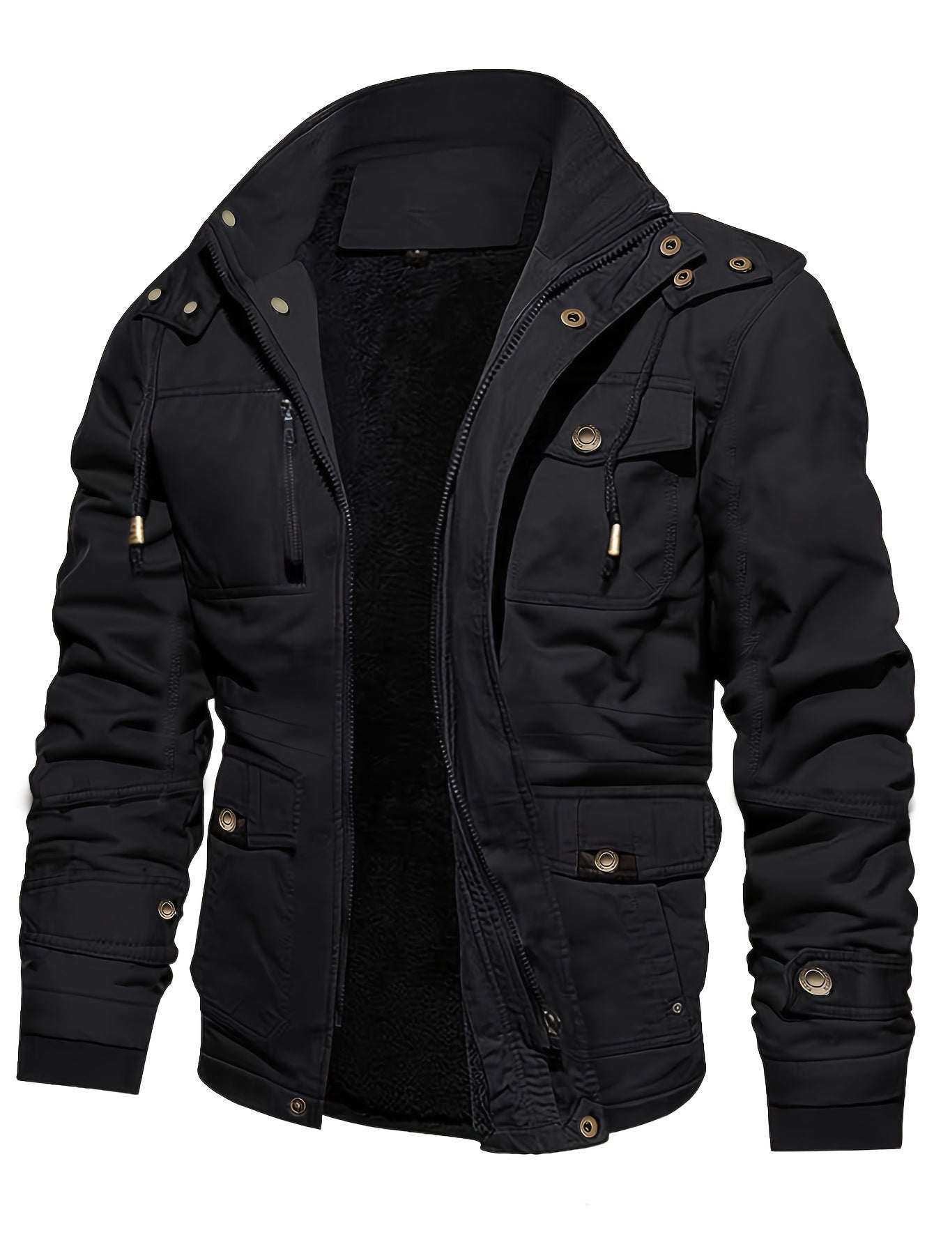 Men's Casual Warm Fleece Lined Cargo Jacket, Chic Multi Pocket Jacket For Fall Winter