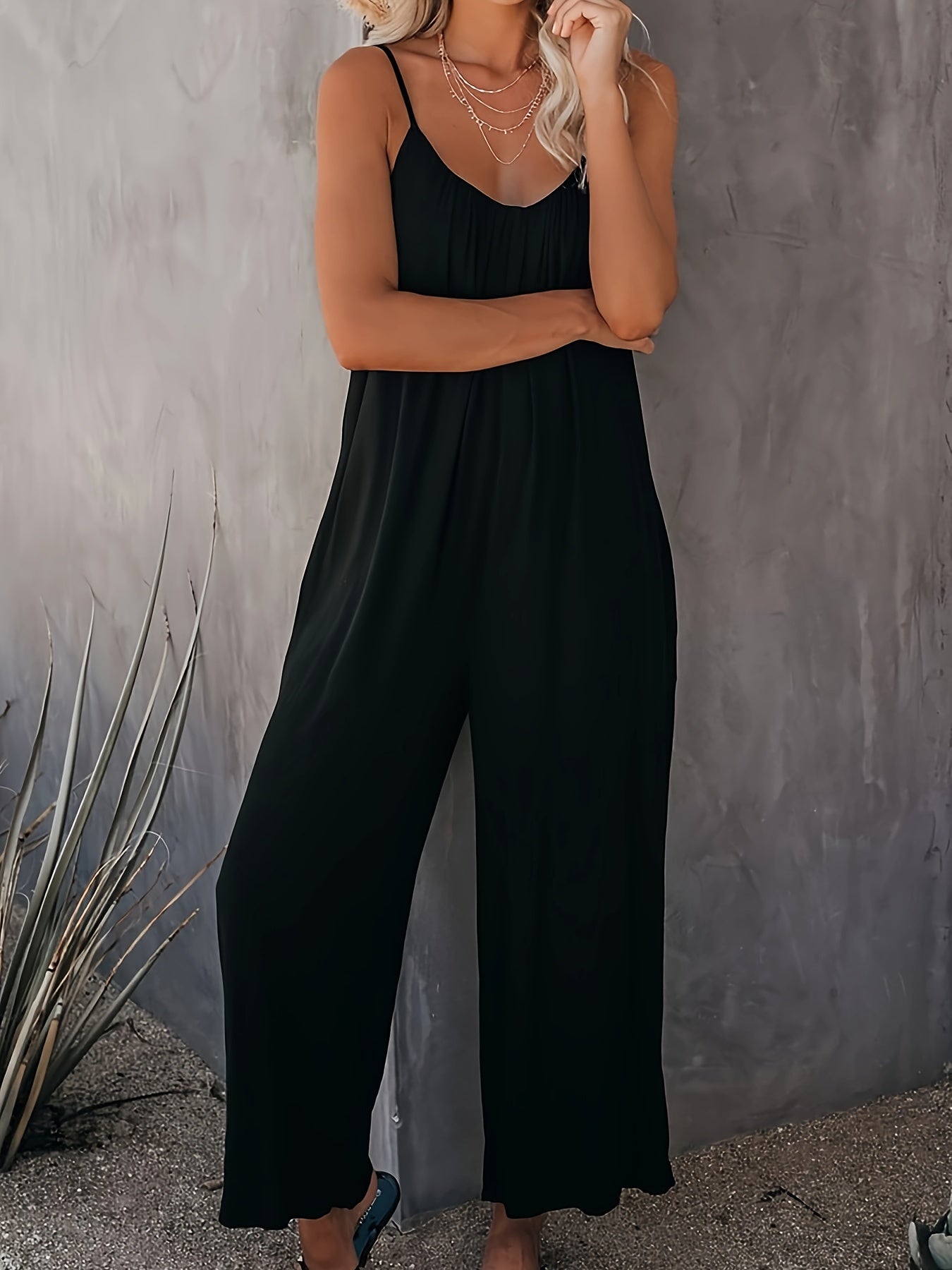 Plus Size Solid Color Cami Jumpsuit, Simple Casual Sleeveless Jumpsuit For Summer, Women's Plus Size Clothing