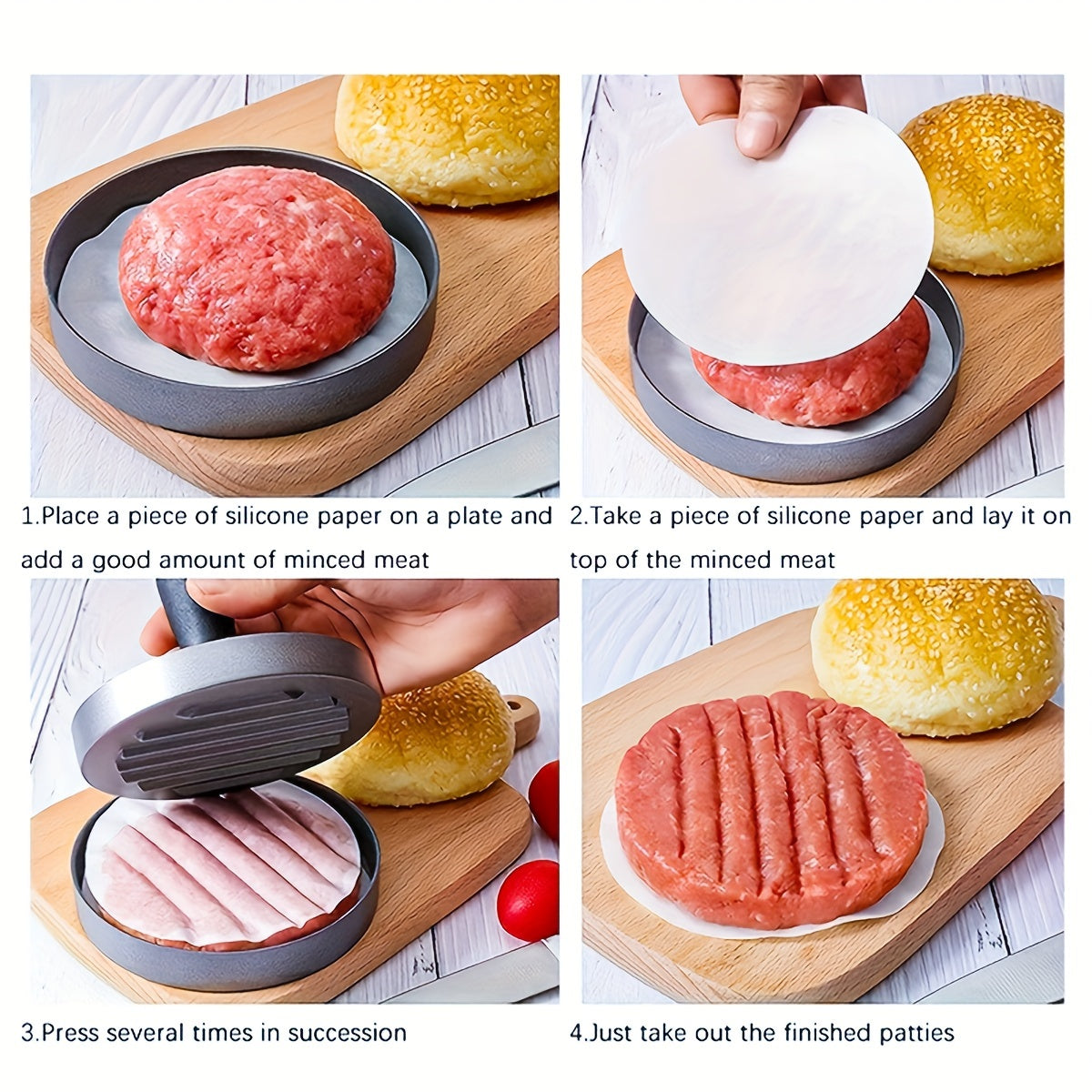 Qicai Xiaolu Metal Hamburger Press - Manual Non-Stick Patty Maker for Kitchen with 100 Wax Papers, Uncharged Food Mill Gadget for Ages 14+