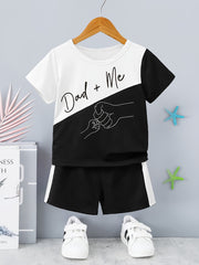 2pcs Boys Casual DAD+ME Letter And Fist Print Comfortable Versatile Short Sleeve T-shirt & Shorts Set, Cool, Lightweight And Comfy Summer Clothes!