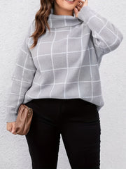 Plus Size Plaid Pattern Knit Sweater, Casual Turtleneck Long Sleeve Sweater For Fall & Winter, Women's Plus Size Clothing