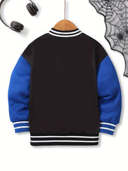 Boys Cool Spider Web Print Long Sleeve Color Block Drop Shoulder Varsity Baseball Jacket Coat