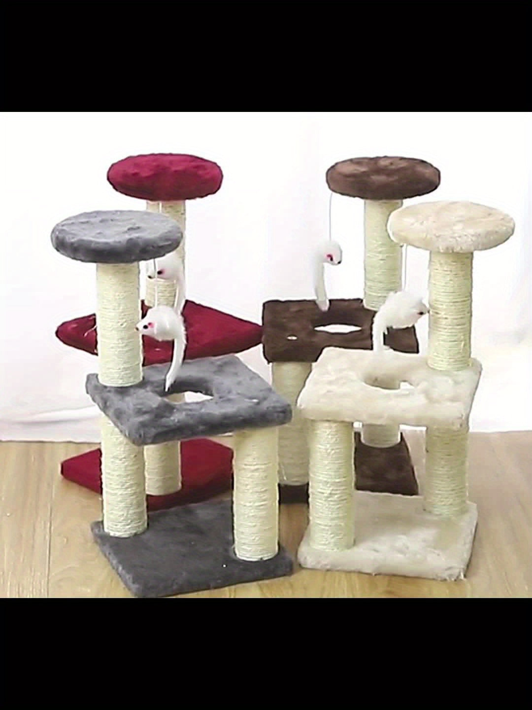 Deluxe Cat Tree With Sisal Scratching Post, Solid Pattern, Interactive Toys For Indoor Cats, Easy-To-Install Play Tower, Triple Jump Platform, Includes Mouse Pendant - Perfect For All Cat Breeds - Kerala Elegance