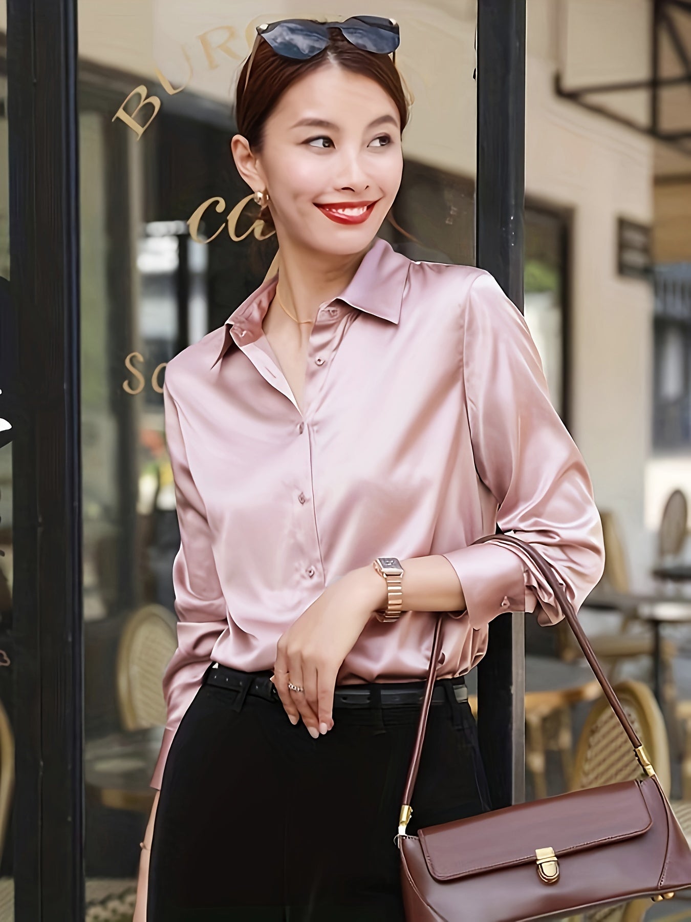 Satin Button Front Shirt, Elegant Long Sleeve Lapel Shirt For Spring & Fall, Women's Clothing