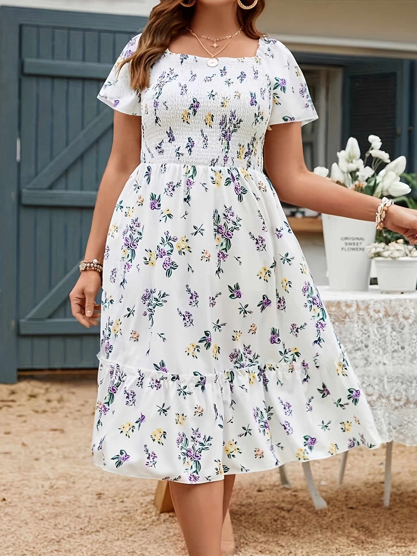 Plus Size Floral Splendor Dress with Flouncy Ruffle Hem - Chic Square Neck, Short Sleeve Style for Effortless Summer Elegance - Womens Plus Size Wardrobe Staple