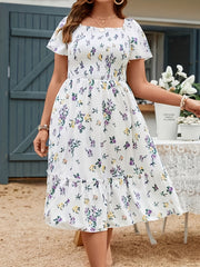 Plus Size Floral Splendor Dress with Flouncy Ruffle Hem - Chic Square Neck, Short Sleeve Style for Effortless Summer Elegance - Womens Plus Size Wardrobe Staple