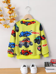 Cartoon Car Print Boys Casual Creative Pullover Sweatshirt, Long Sleeve Crew Neck Tops, Kids Clothing Outdoor