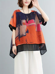 Abstract Print Crew Neck Blouse, Casual Short Sleeve Asymmetric Hem Top For Spring & Summer, Women's Clothing