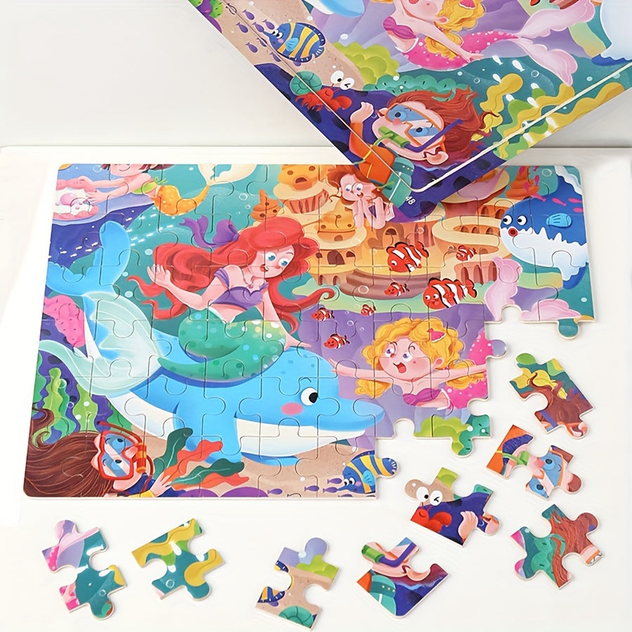 60pcs Wooden Large Piece Children's Cartoon Puzzle, Early Education Enlightenment Education Hands-on Ability Assembled Cute Mermaid Cartoon Character