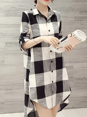 Plaid Print Button Front Shirt, Casual Long Sleeve Long Length Blouse For Spring & Fall, Women's Clothing