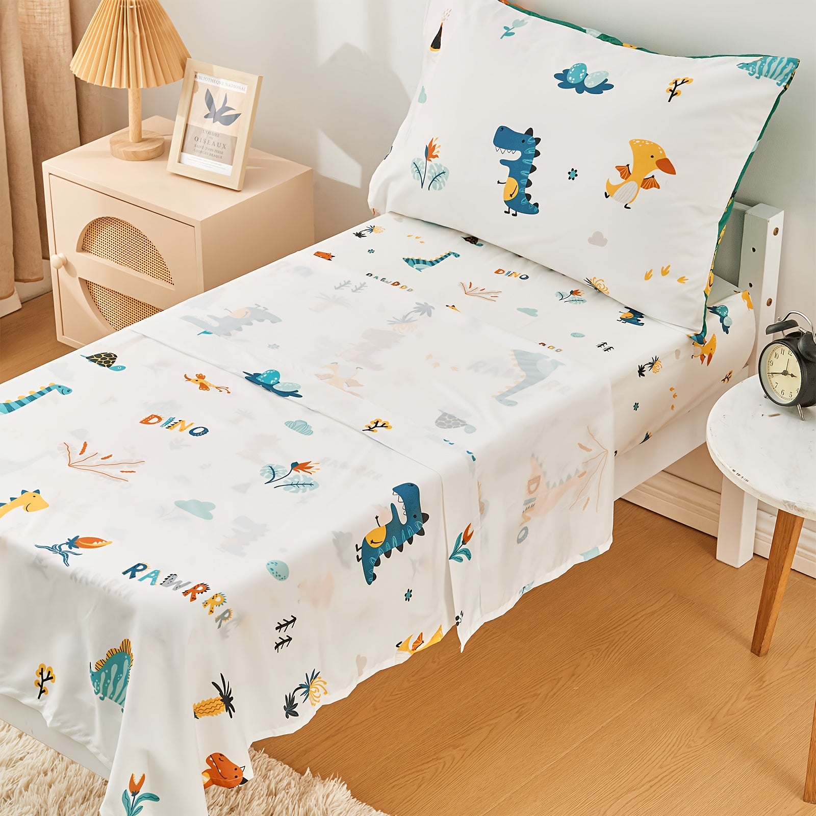 4pcs Dinosaur Bedding Set, Including 1 Comforter, 1 Fitted Sheet, 1 Flat Sheet And 1 Reversible Pillowcase, For Room Decor